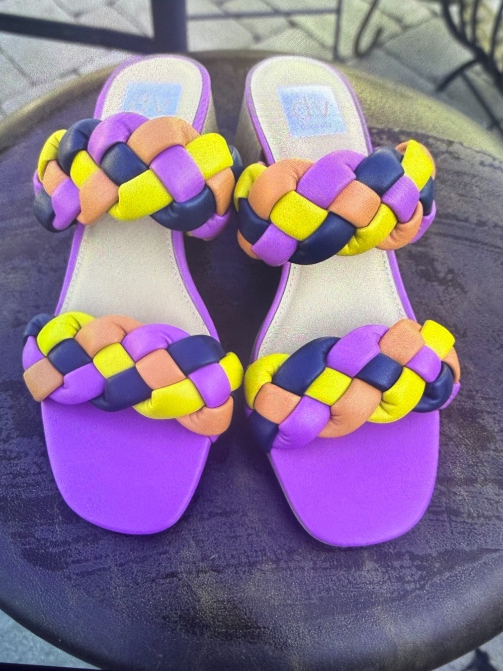 Joan & David Purple Slide Sandals with Multicolor Braided Straps